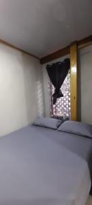 a bedroom with a bed and a window with a black umbrella at Casa Tauchin in Puerto Viejo