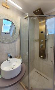 La salle de bains est pourvue d'un lavabo et d'une douche en verre. dans l'établissement Carpathia Magic, à Peştera
