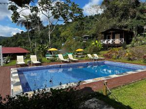 una casa y una piscina con sillas y sombrillas en Vista Paraíso Lodge, en Barú
