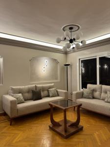 uma sala de estar com dois sofás e uma mesa de centro em Elegant Apartment no Cairo