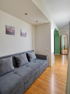 a living room with a gray couch in a room at Arbat апартаменты в центре города - выбор для туриста и деловых поездок in Almaty