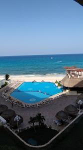 ein Pool neben einem Strand mit dem Meer in der Unterkunft “Magic Sunrise at Cancun” in Cancún