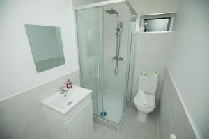 een badkamer met een douche, een wastafel en een toilet bij Contractors - Relocators - Family in Loughborough