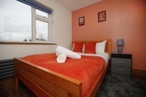 a bedroom with a bed with orange walls and a window at Contractors - Relocators - Family in Loughborough