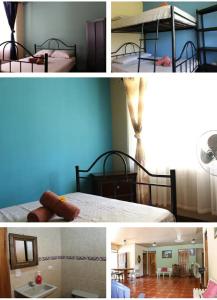 three pictures of a room with two beds and a bathroom at Quinta Alfa in Jesús María