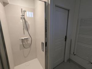 a shower in a bathroom with a glass door at Gîte rénové à la ferme en Val de Loire, proche forêt d'Orléans et canal, vélo, golf, sites touristiques - FR-1-590-419 in Traînou