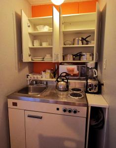 a small kitchen with a stove and a sink at Motel Tremblant in Mont-Tremblant