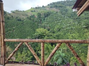 Blick auf einen Berg von einer Holzbrücke aus in der Unterkunft La Cabaña de Bambú in Manizales