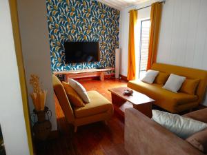 ein Wohnzimmer mit einem Sofa und einem TV in der Unterkunft Le djebel in Cilaos