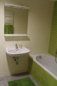 a bathroom with a sink and a bath tub at Velence Wellness Apartman in Velence