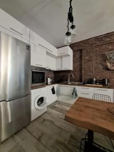 uma cozinha com um frigorífico de aço inoxidável e uma máquina de lavar louça em Ellis Apartments em Tessalónica