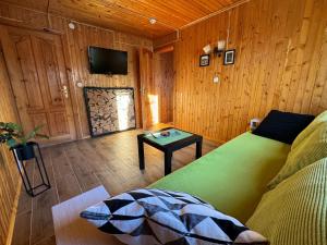 a living room with a bed and a table at Карпатський Затишок in Slavske