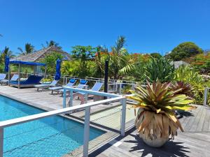 un complejo con piscina, sillas y palmeras en Beach House Lodge 