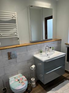 een badkamer met een wastafel, een toilet en een spiegel bij Blush Jungle in Dublin