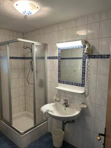 a bathroom with a shower and a sink and a mirror at Austrian Motel Heiss in Prutz