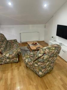 sala de estar con sofá, mesa y TV en Apartman Pesic, en Vranje