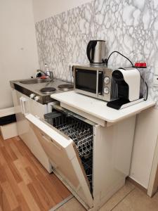 eine Küche mit einer Mikrowelle auf der Theke in der Unterkunft Hostel&ApartServices Viennna The Tidy Apartment in Wien