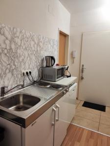 a kitchen with a sink and a microwave at Hostel&ApartServices Vienna in Vienna