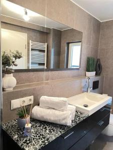 a bathroom with a sink and a mirror at Urban Charm Design Loft in Koblenz