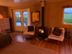 a living room with two chairs and a wood stove at Willem's Huisje in Laren