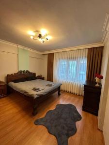 ein Schlafzimmer mit einem Bett und einem großen Fenster in der Unterkunft 5+2 flat with bosphorus seaview in Istanbul