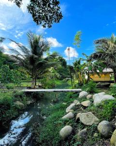 a bridge over a river with rocks and palm trees at Con Dao Backpacker - LoCo Camping in Con Dao