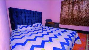um quarto com uma cama com um edredão azul e branco em Bright Backpackers home stay em Mwanza