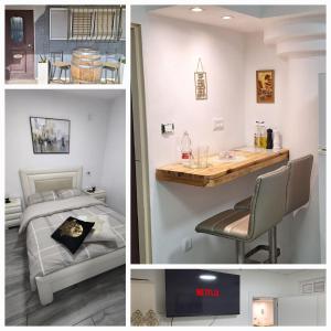 2 fotos de una habitación con cama y escritorio en RutSuite en ‘Afula