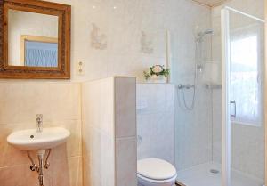ein Badezimmer mit Dusche, Toilette und Waschbecken in der Unterkunft Bungalow "Wiesenblick" in Trassenheide