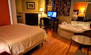 1 dormitorio con cama, bañera y TV en Motel Tremblant en Mont-Tremblant