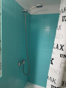 La salle de bains est pourvue d'une douche et d'un mur bleu. dans l'établissement studio 21, à Rochefort