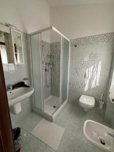 y baño con ducha, lavabo y aseo. en B&B Il Girasole, en Castel di Sangro