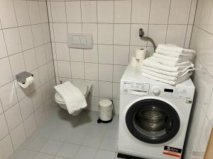 een wasmachine in een badkamer met een toilet en handdoeken bij Ferienwohnung Bergblick am Rande der Wildnis in Sibratsgfäll