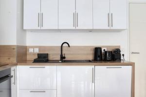 a kitchen with white cabinets and a sink at Apartment in Ferney close to Geneva United Nations in Ferney-Voltaire