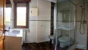 La salle de bains est pourvue de toilettes, d'un lavabo et d'une douche. dans l'établissement Chalet en Las Merindades, Nofuentes, à Nofuentes