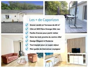un collage di quattro immagini di un soggiorno di Caporizon -Villa Pommier-6 personnes-Terrasse-Jardin a Crégandie
