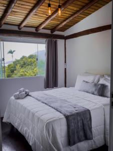a bedroom with a large bed with a large window at Flats Apple Ilha com Banheira in Abraão
