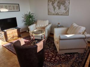 a living room with two couches and a tv at HELVETIA 2 Zimmer Apartment mit Parkplatz in Zurich