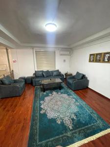 a living room with couches and a rug at Orom hostel in Dushanbe