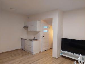 an empty room with a kitchen and a television at Szwajcarka in Kudowa-Zdrój