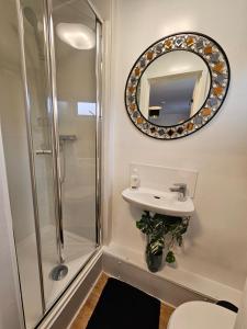 a bathroom with a shower and a sink and a mirror at Deluxe Town Centre Studio Stevenage in Stevenage