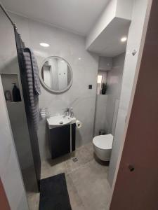 een badkamer met een toilet, een wastafel en een spiegel bij Stone gate in Zagreb