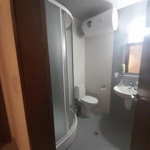 a bathroom with a shower and a toilet and a sink at Апартамент Belvedere G106 in Bansko