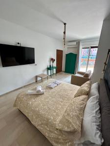 Schlafzimmer mit einem Bett und einem Flachbild-TV in der Unterkunft Starting Point Napoli in Neapel