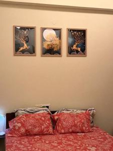 een slaapkamer met vier foto's aan de muur boven een bed bij Centrally located, big home in Calcutta