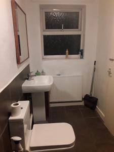 a bathroom with a sink and a toilet and a window at Robs Place, Liverpool in Liverpool