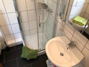 ein Bad mit einem Waschbecken und einer Dusche in der Unterkunft Aparthotel Ochsenfurt mit Terrasse für aktive Reisende in Ochsenfurt