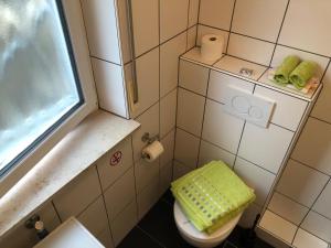 ein kleines Bad mit einem WC und einem Fenster in der Unterkunft Aparthotel Ochsenfurt mit Terrasse für aktive Reisende in Ochsenfurt
