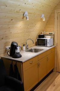 Camping pod Lyts Dekema 1 في Baard: مطبخ مع حوض وميكروويف