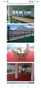 a collage of photos of a bench and a table at Hotel Manali Jain Cottage in Manāli